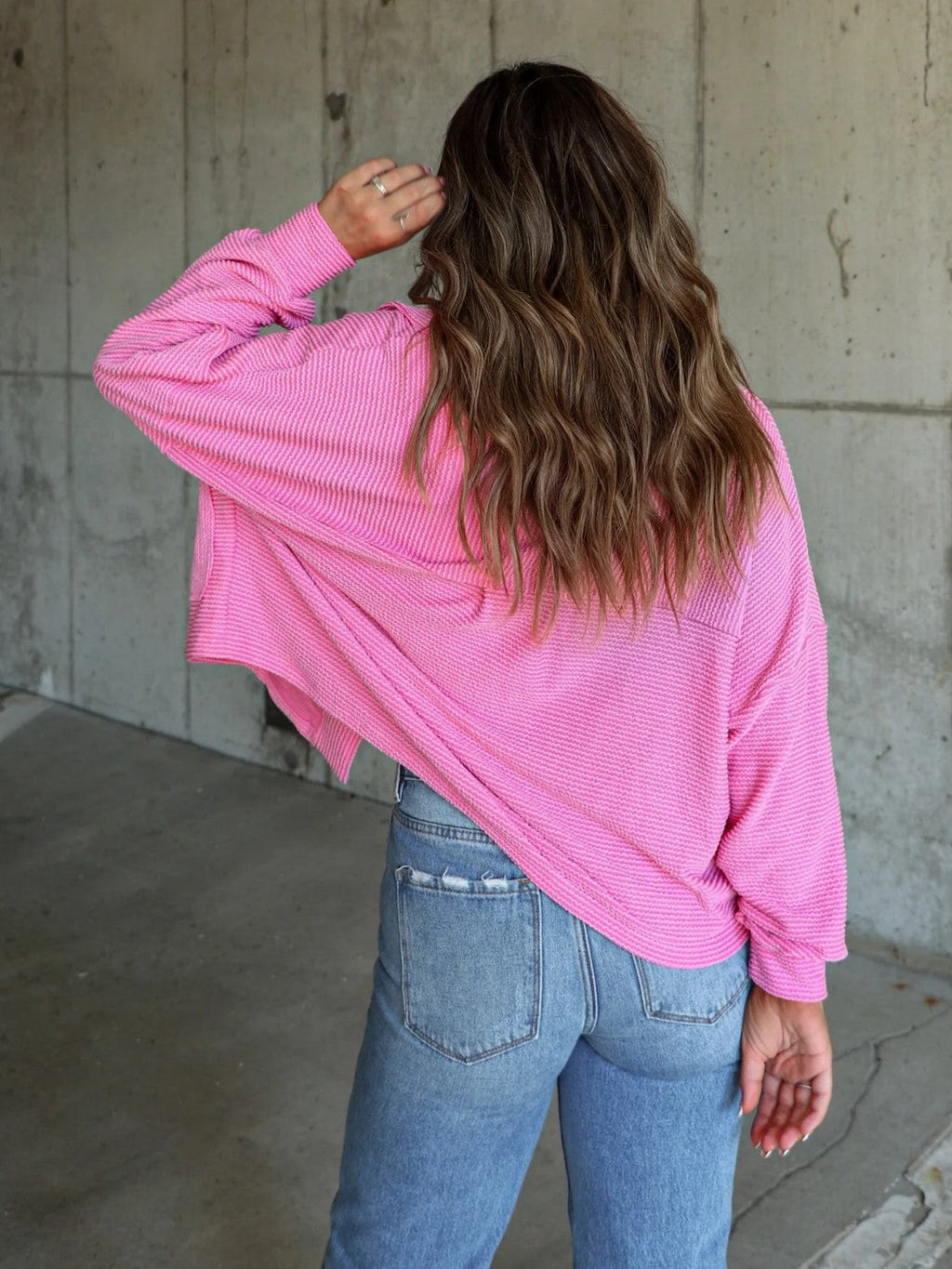 Ribbed Collared Neck Button Up Jacket