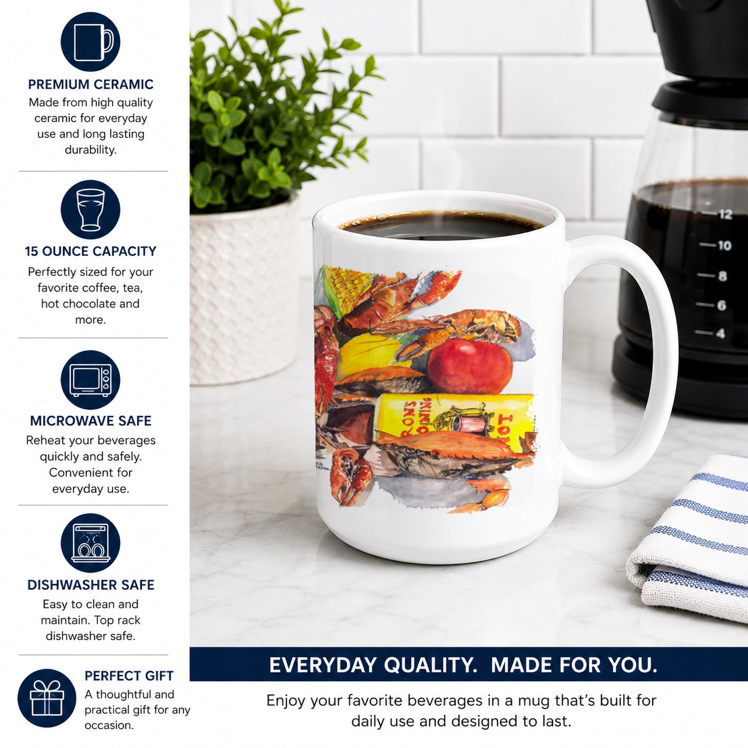 Veron's and Crabs Ceramic Coffee Mug 15 oz Decorative Large C Handle Mug Cup for Tea, Cocoa Hot Chocolate