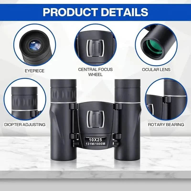 High Powered Mini Pocket Binoculars 10x25 with Phone Adapter – Compact, Lightweight, Portable – Black