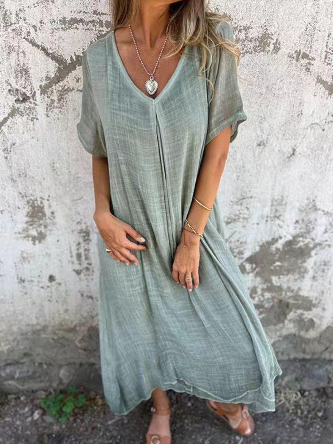 Full Size V-Neck Short Sleeve Midi Dress Plus Size