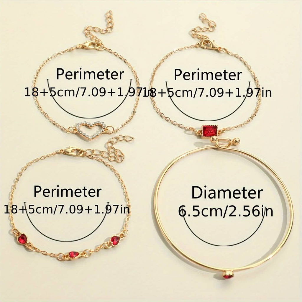4pcs Rhinestone Alloy Bracelet Set – Minimalist Heart & Square Design