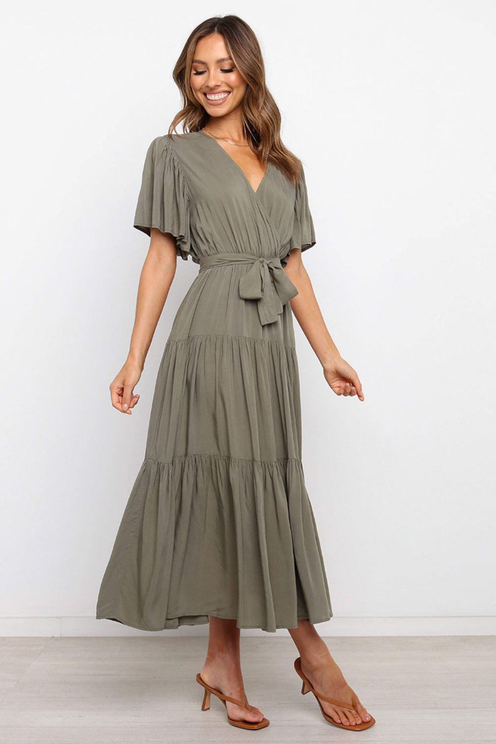 Tied Tiered Short Sleeve Midi Dress