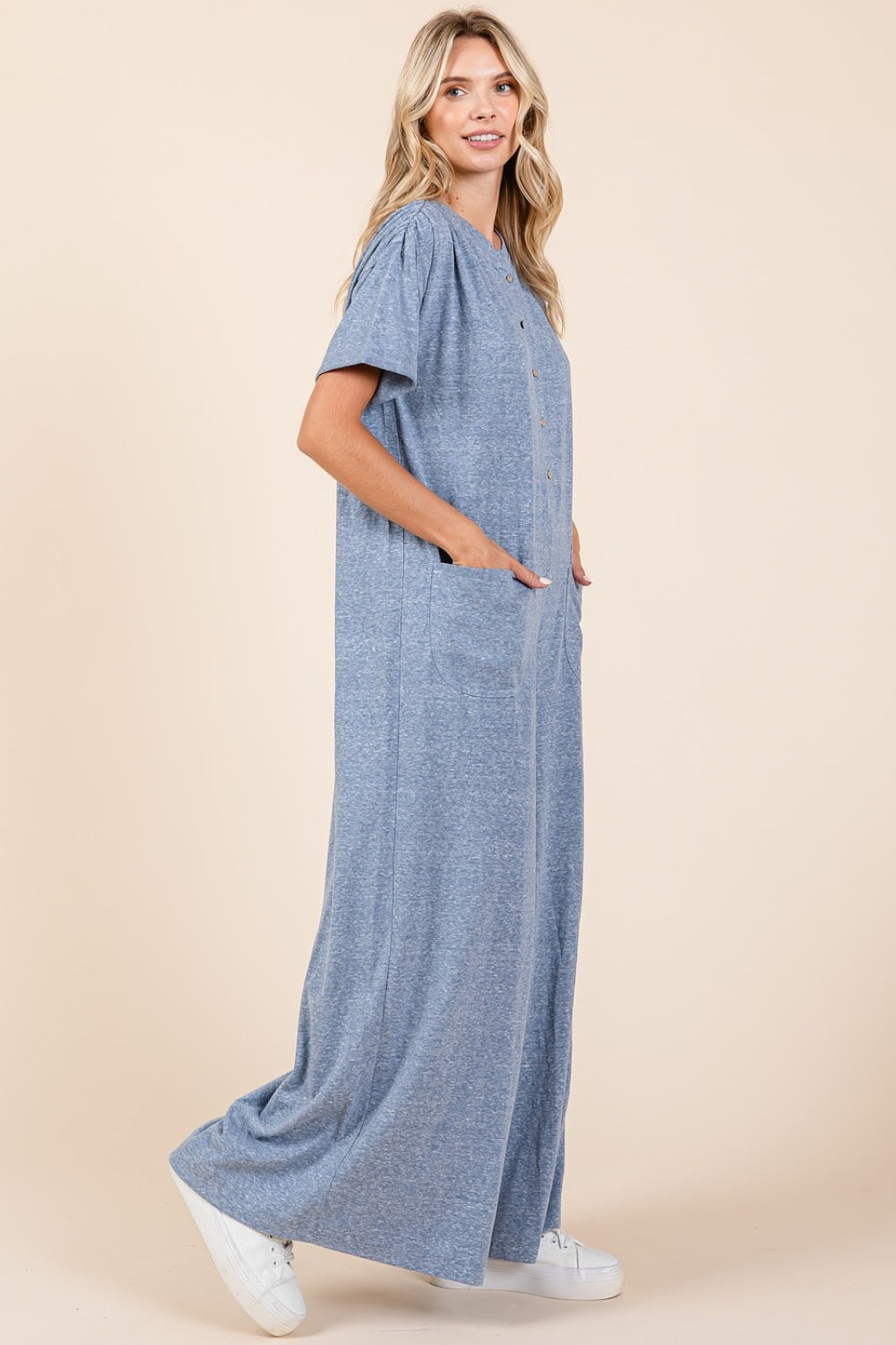Mittoshop Button Detail Short Sleeve Wide Leg Jumpsuit