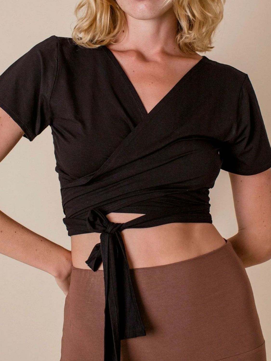 Tied Surplice Short Sleeve Top