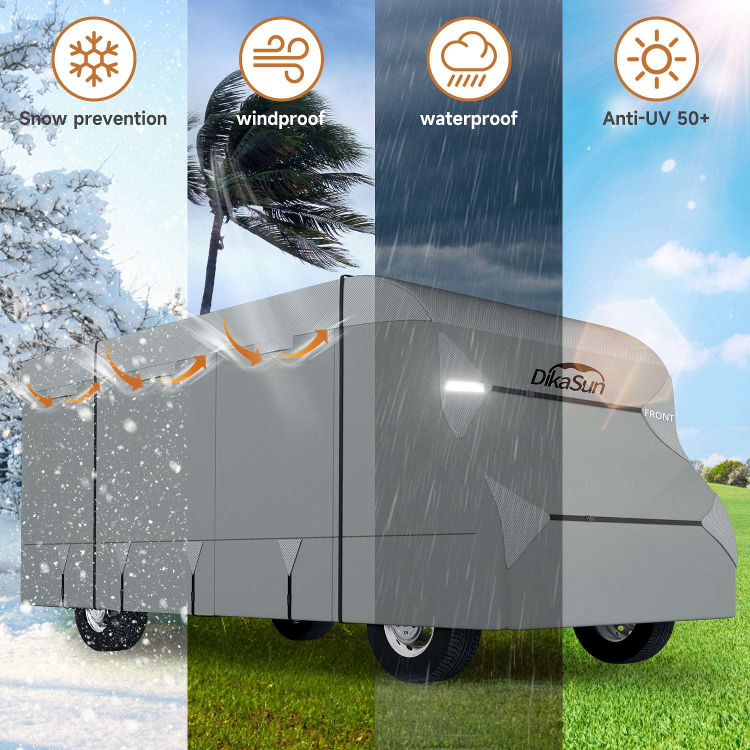 DikaSun 7 Layers Top Class C RV Cover Upgraded Tear Resistant Breathable Waterproof Ripstop Anti-UV Class C Camper RV Cover