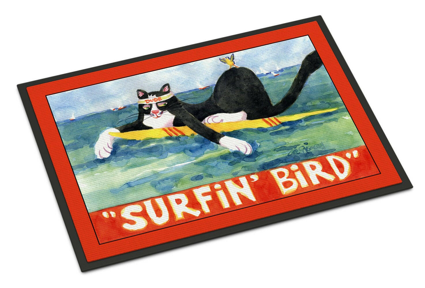 Black and white Cat Surfin Bird Doormat Indoor Outdoor 18H X 27W Front Door Mat Rugs for Entryway, Non Slip Washable