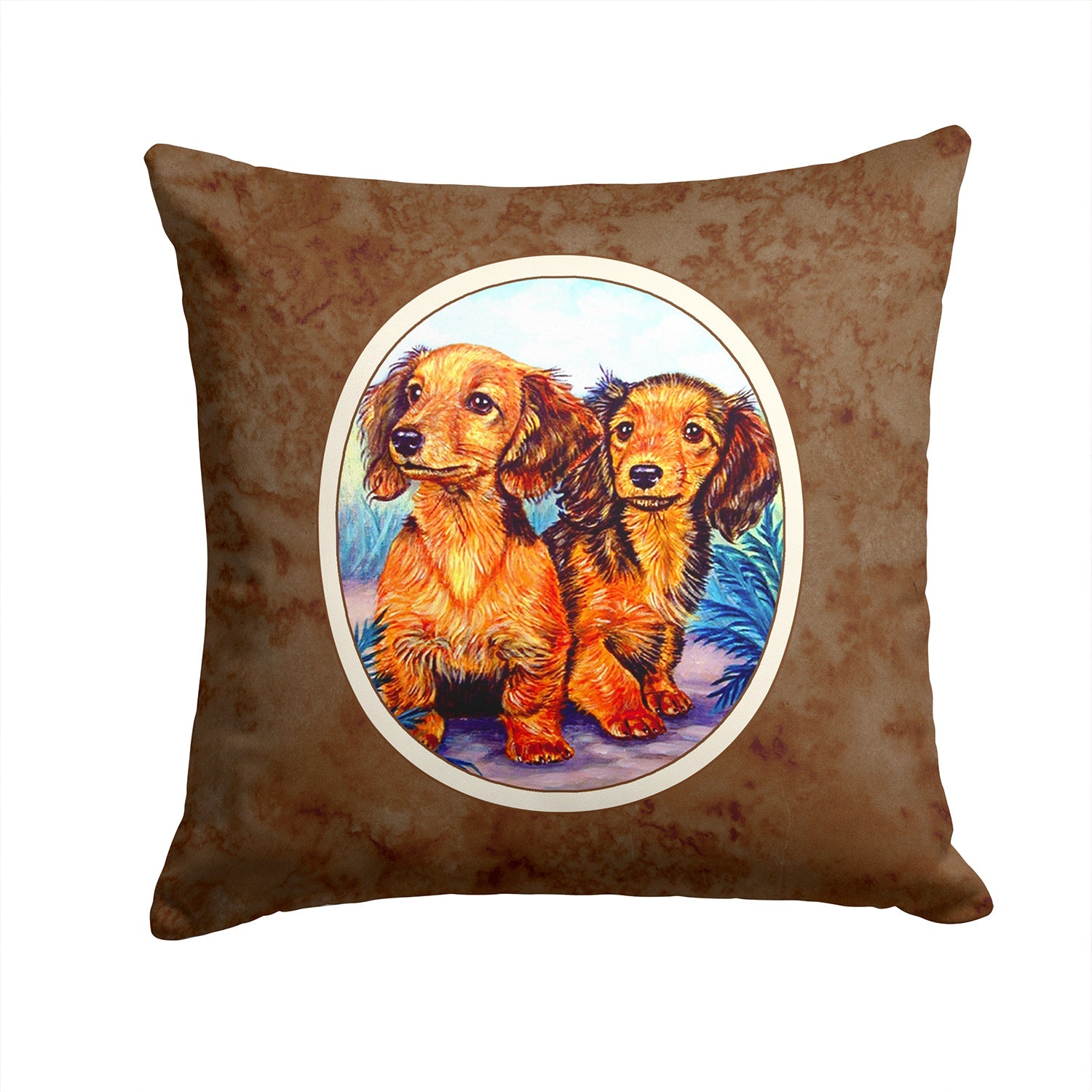 Long Hair Red Dachshund Two Peas Decorative Throw Pillow 14x14 Indoor Outdoor Accent Cushion, Fabric Cover with Insert for Sofa, Bed, Porch & Living Room