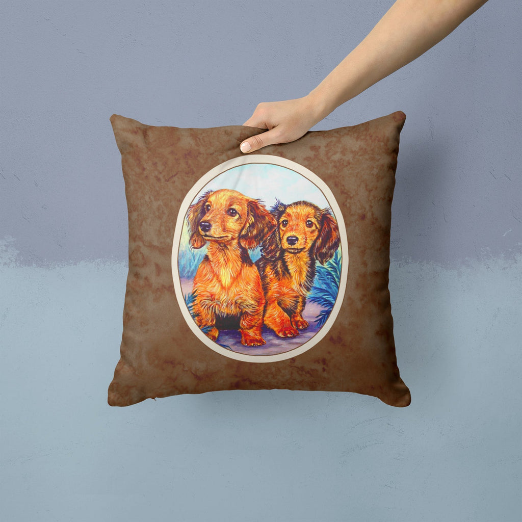 Long Hair Red Dachshund Two Peas Decorative Throw Pillow 14x14 Indoor Outdoor Accent Cushion, Fabric Cover with Insert for Sofa, Bed, Porch & Living Room