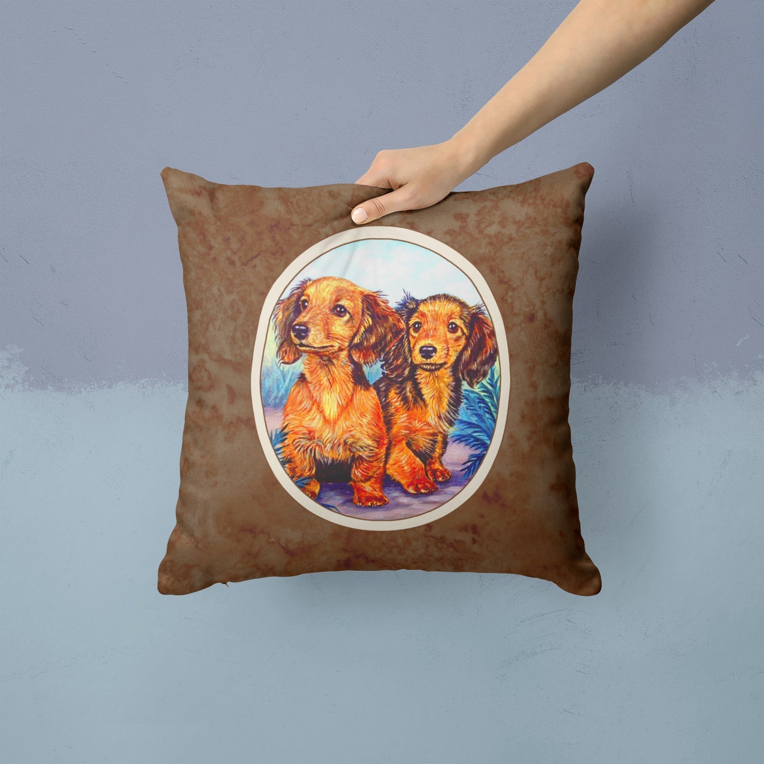 Long Hair Red Dachshund Two Peas Decorative Throw Pillow 14x14 Indoor Outdoor Accent Cushion, Fabric Cover with Insert for Sofa, Bed, Porch & Living Room