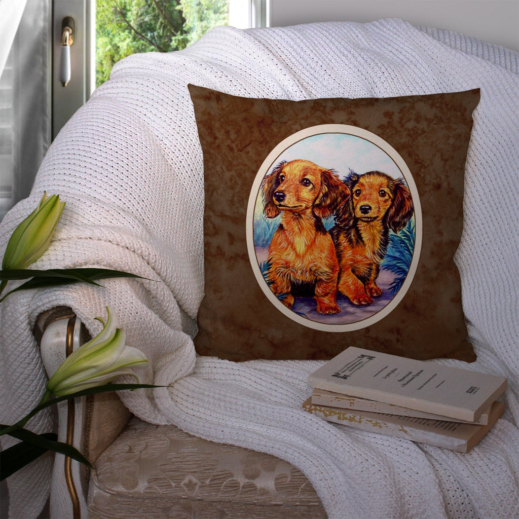 Long Hair Red Dachshund Two Peas Decorative Throw Pillow 14x14 Indoor Outdoor Accent Cushion, Fabric Cover with Insert for Sofa, Bed, Porch & Living Room