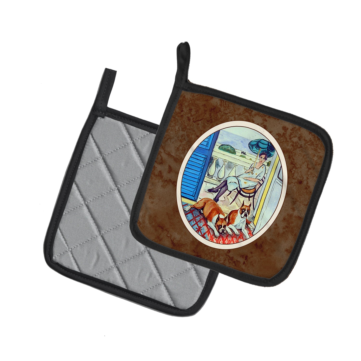 Lady with her Boxer Pot Holder Set of 2 Heat Resistant Quilted Hot Pads 7.5 x 7.5 Inch, Insulated Kitchen Trivets for Cooking & Baking