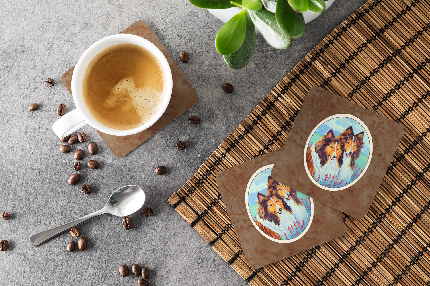 Sable Shelties Double Trouble Foam Coasters Set of 4 Cup Coasters for Indoor Outdoor, Tabletop Protection, Anti Slip, Mouse pad Material