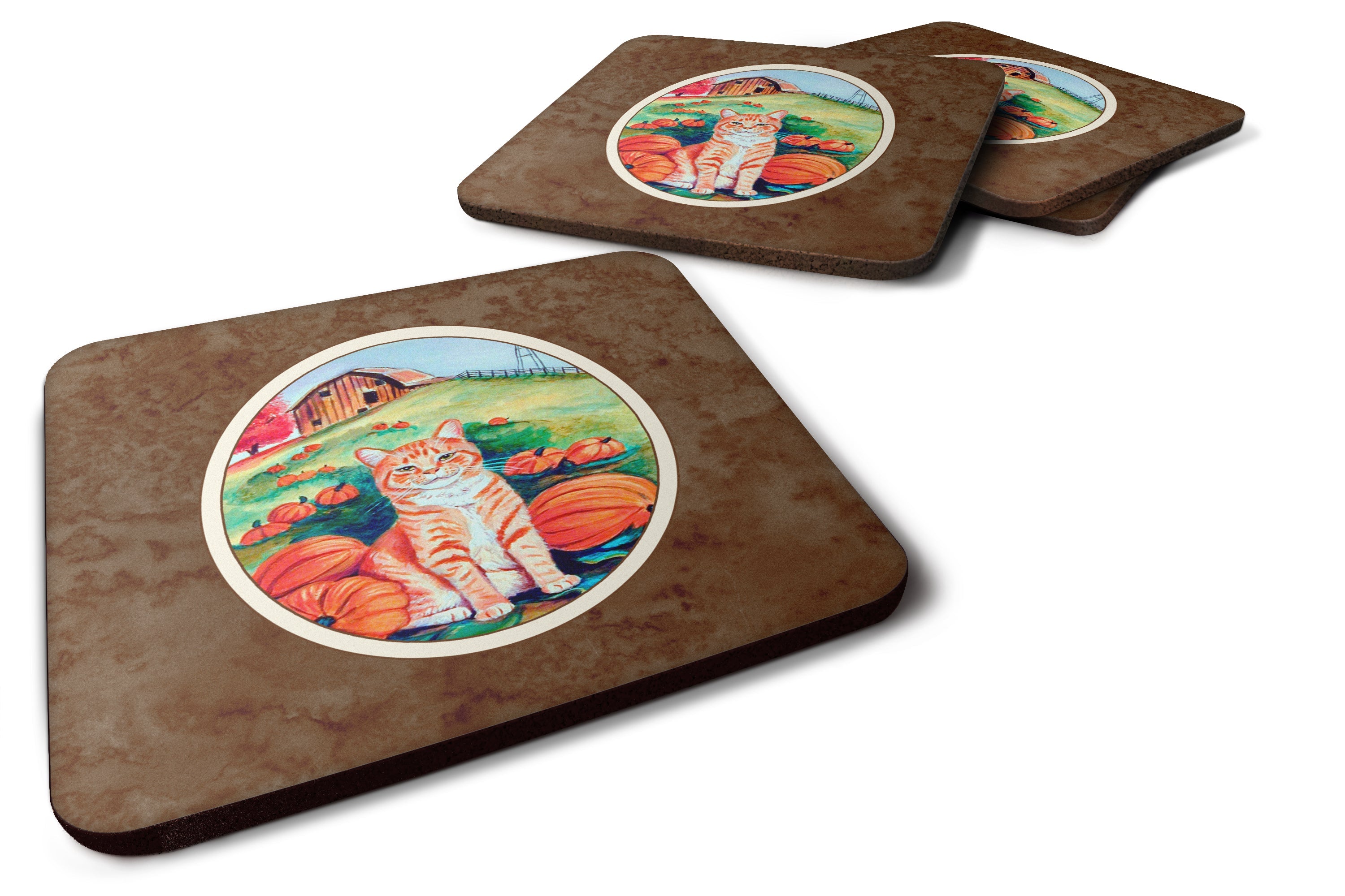 Tabby Cat in Pumpins Foam Coasters Set of 4 Cup Coasters for Indoor Outdoor, Tabletop Protection, Anti Slip, Mouse pad Material