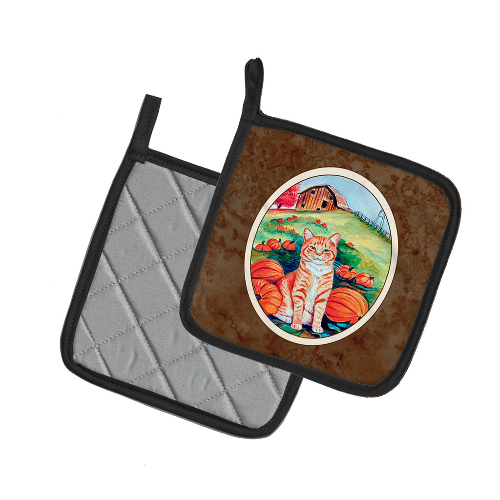 Tabby Cat in Pumpins Pot Holder Set of 2 Heat Resistant Quilted Hot Pads 7.5 x 7.5 Inch, Insulated Kitchen Trivets for Cooking & Baking