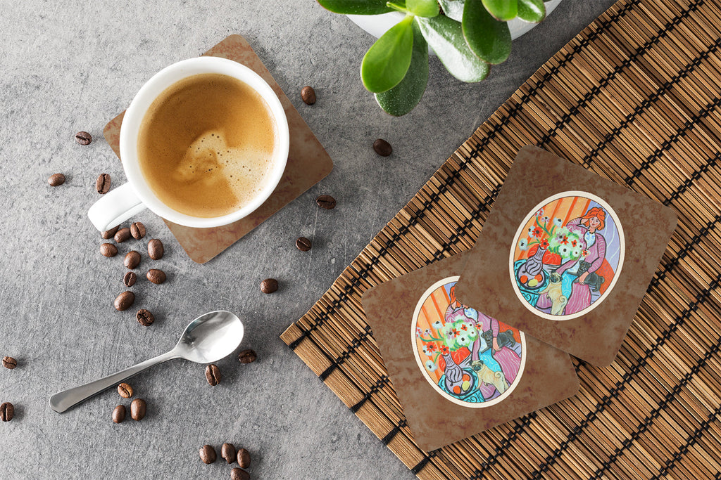 Lady with her Pug Foam Coasters Set of 4 Cup Coasters for Indoor Outdoor, Tabletop Protection, Anti Slip, Mouse pad Material