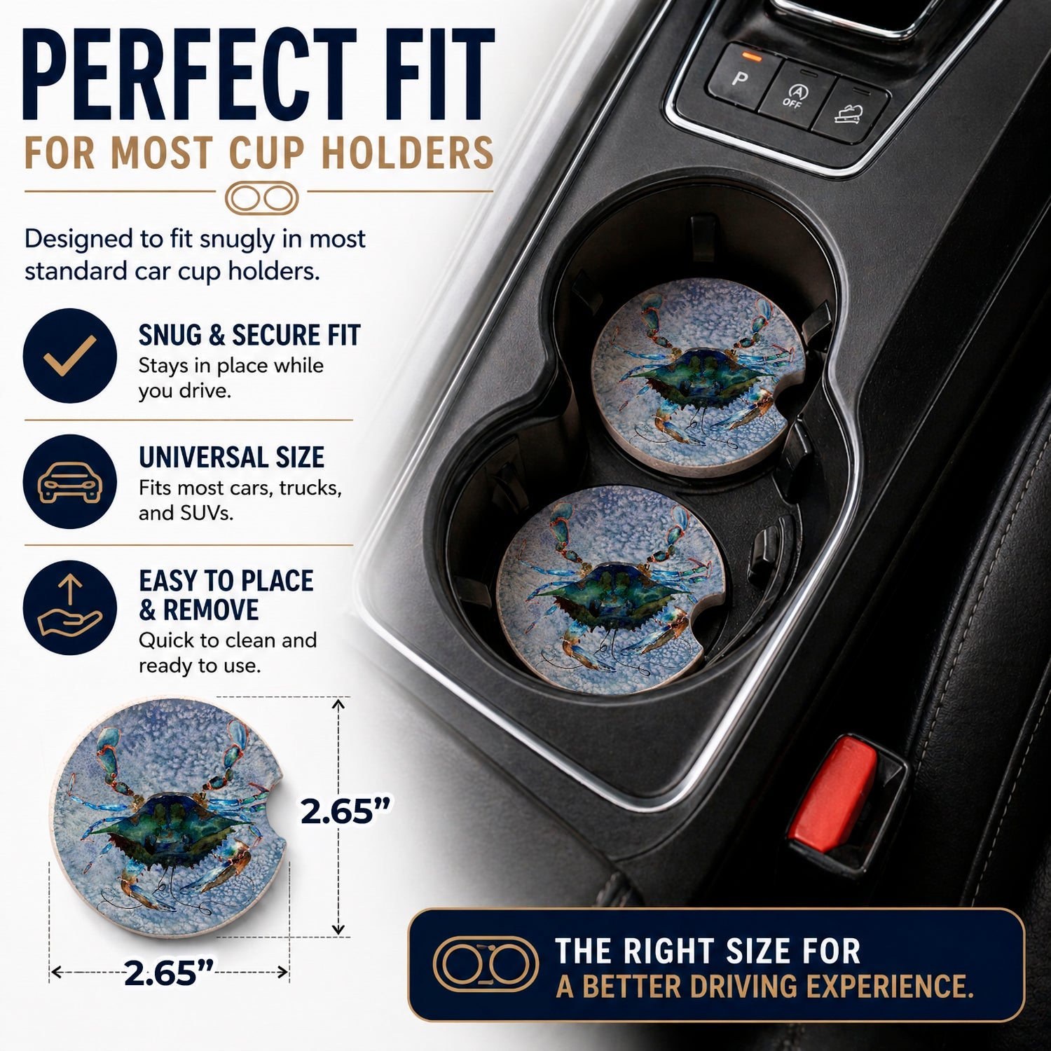 Male Blue Crab Cool Blue Water Set of 2 Cup Holder Car Coasters Absorbent Round Sandstone Coasters Gifts for Men or Women, 2.5, Multicolor