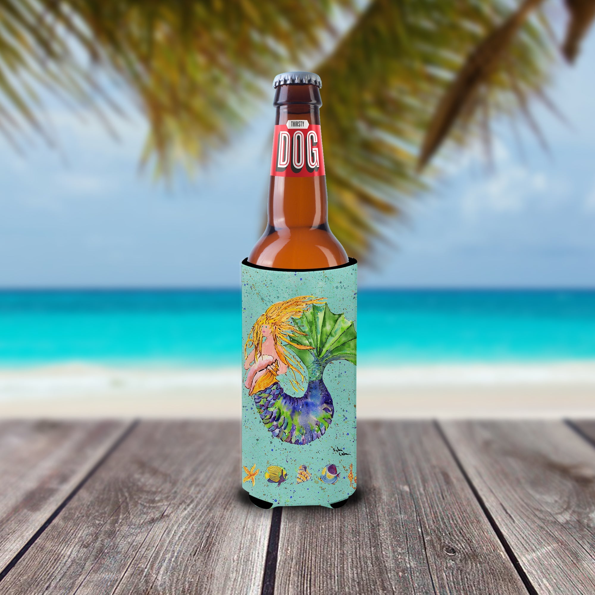 Blonde Mermaid on Teal Slim Can Hugger , Insulated Foam Hugger for 12 oz Slim Cans, Beer Bottles & Water Bottles, Printed in USA