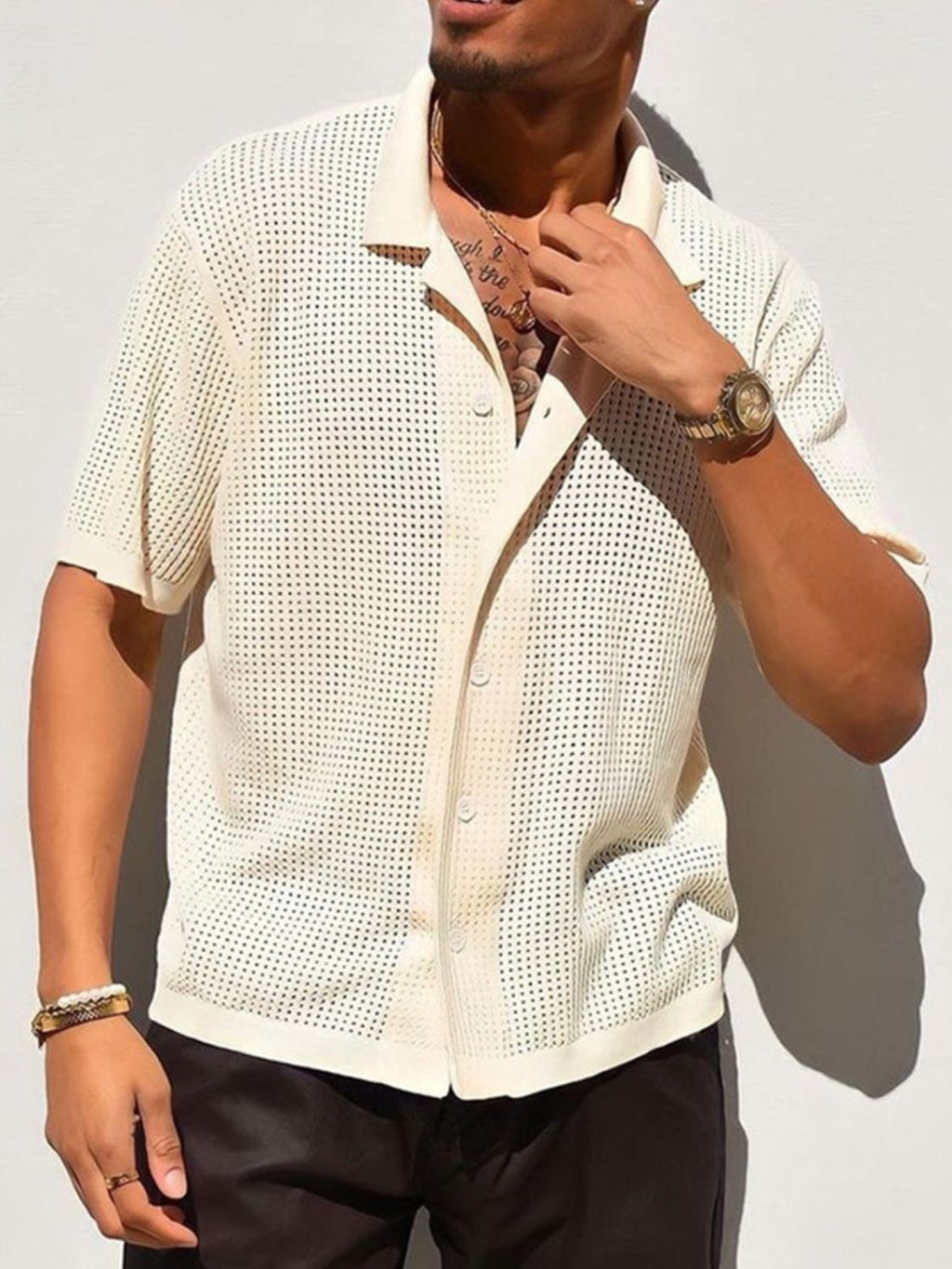 Men's Full Size Openwork Button Down Collared Neck Shirt Plus Size