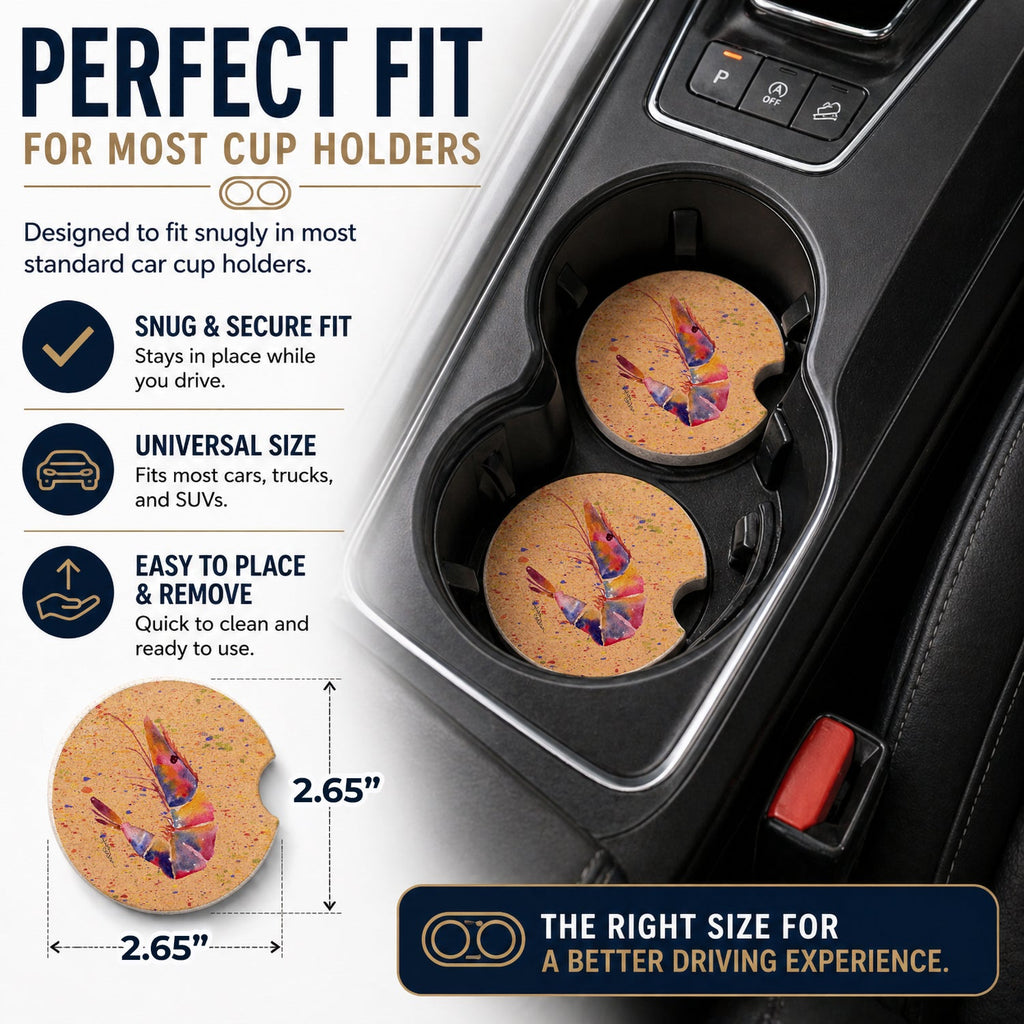 Shrimp Set of 2 Cup Holder Car Coasters Absorbent Round Sandstone Coasters Gifts for Men or Women, 2.5, Multicolor