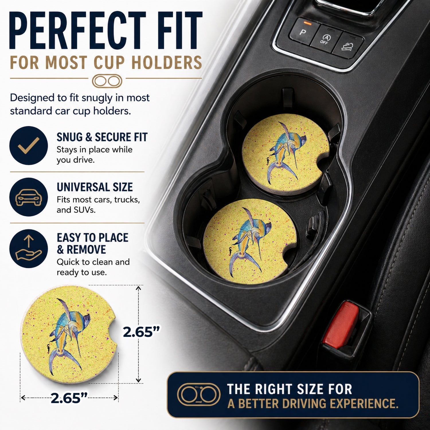 Blue Marlin on Yellow Set of 2 Cup Holder Car Coasters Absorbent Round Sandstone Coasters Gifts for Men or Women, 2.5, Multicolor