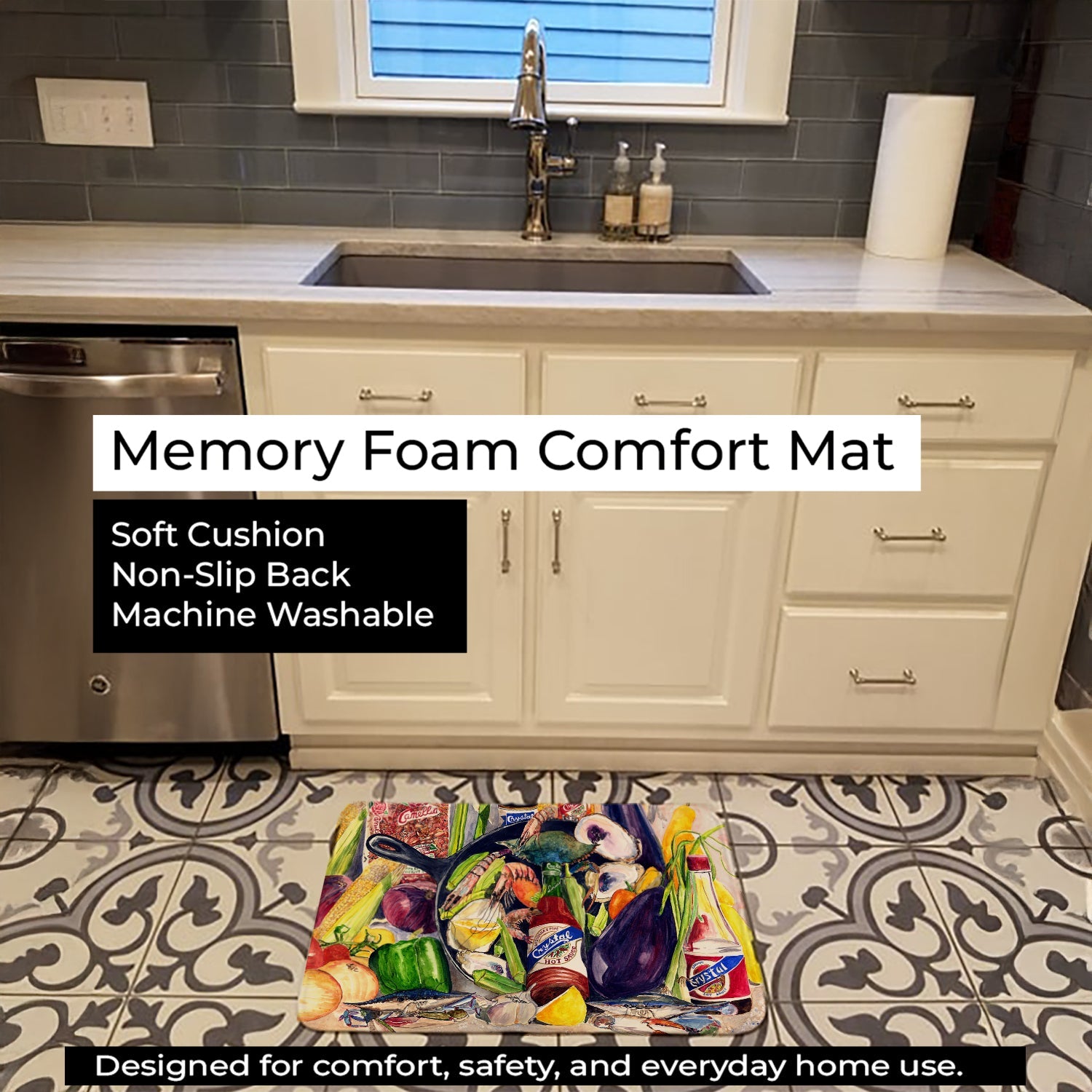 Crystal Hot Sauce with Camellia Beans and Black Skillet Memory Foam Kitchen Mat Machine Washable Anti-Fatigue Cushion Comfort Bath or Kitchen Rug
