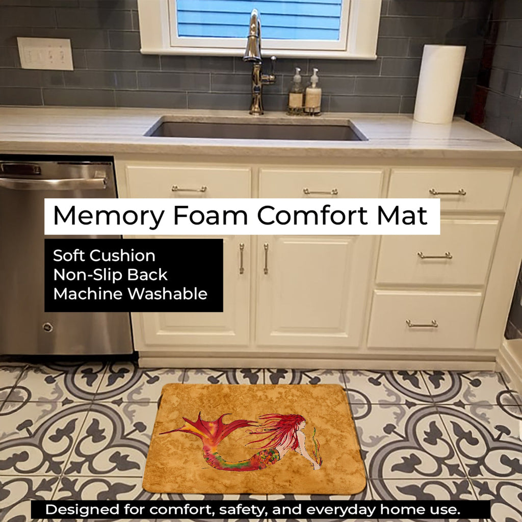 Ginger Red Headed Mermaid on Gold Memory Foam Kitchen Mat Machine Washable Anti-Fatigue Cushion Comfort Bath or Kitchen Rug