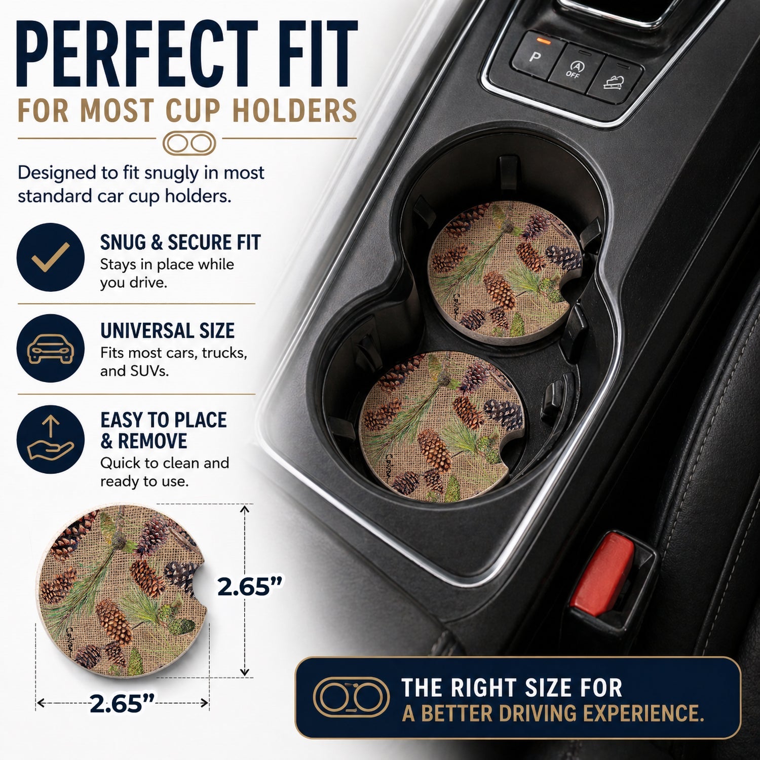 Pine Cones Set of 2 Cup Holder Car Coasters Absorbent Round Sandstone Coasters Gifts for Men or Women, 2.5, Multicolor