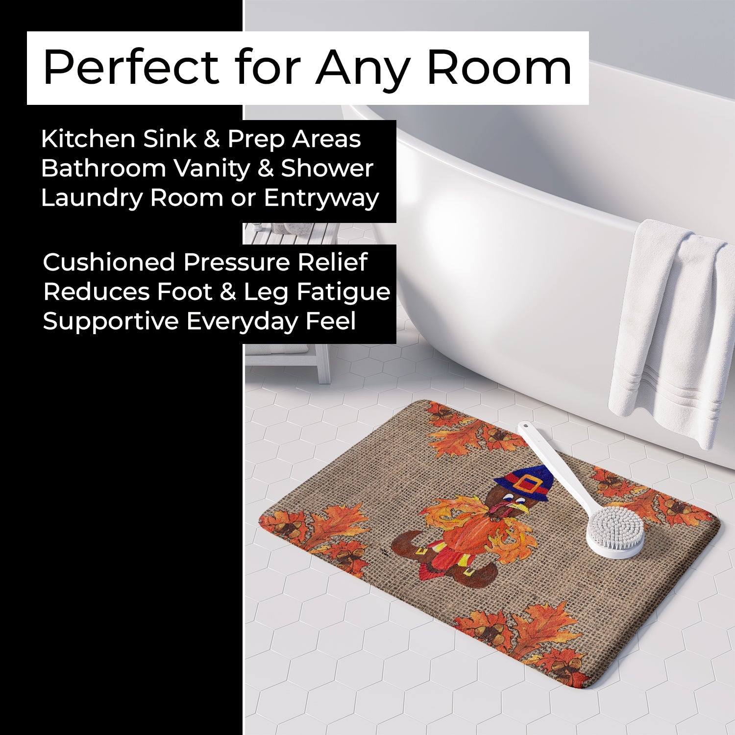 Thanksgiving Turkey Fleur de lis on Faux Burlap Memory Foam Kitchen Mat Machine Washable Anti-Fatigue Cushion Comfort Bath or Kitchen Rug