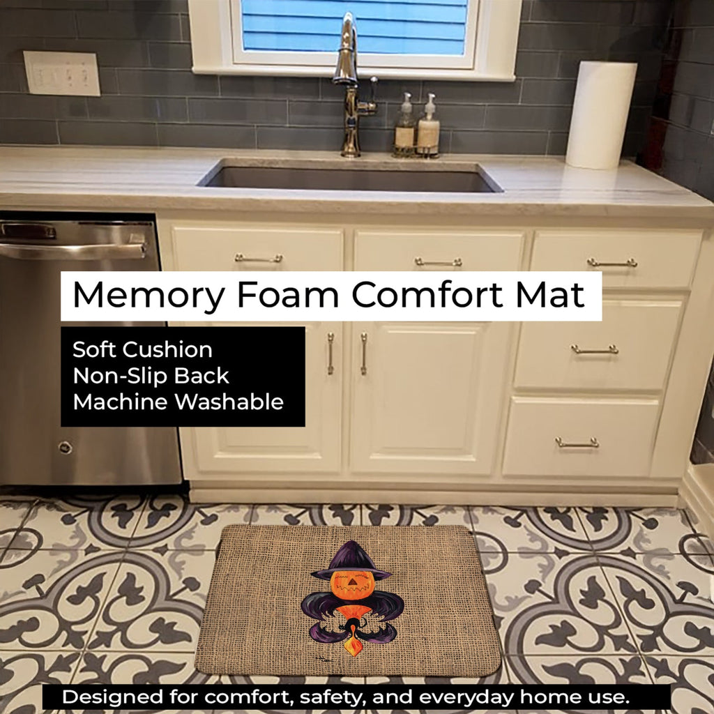 Halloween Pumpkin and Bat Fleur de lis on Faux Burlap Memory Foam Kitchen Mat Machine Washable Anti-Fatigue Cushion Comfort Bath or Kitchen Rug