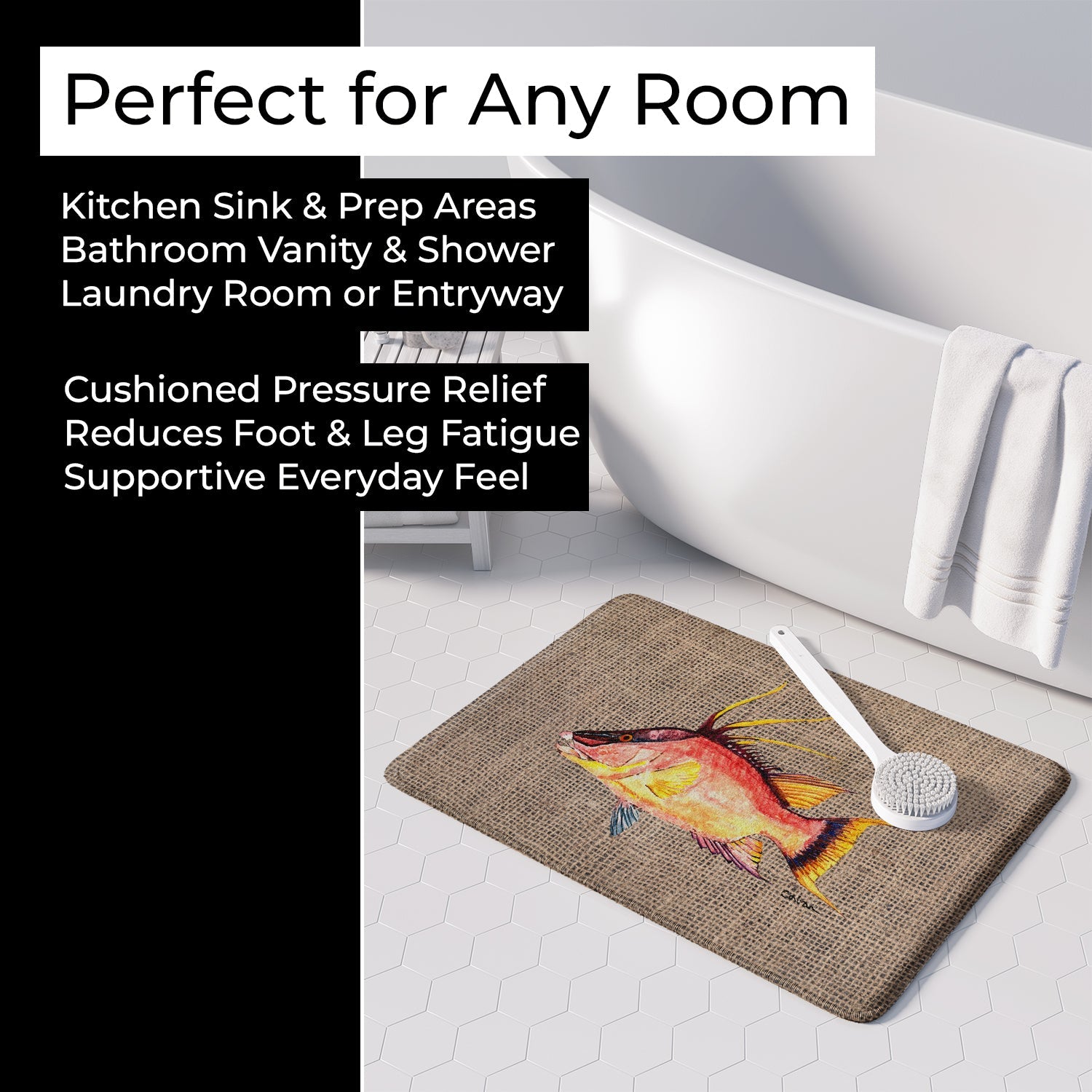 Hog Snapper on Faux Burlap Memory Foam Kitchen Mat Machine Washable Anti-Fatigue Cushion Comfort Bath or Kitchen Rug