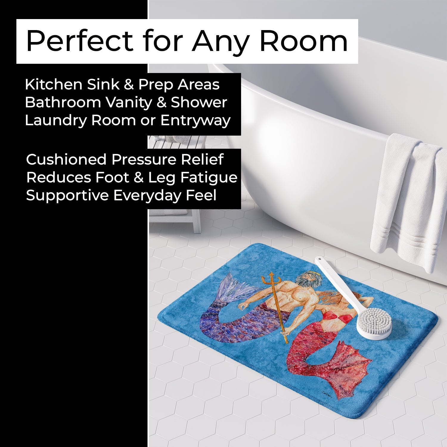 Mermaid and Merman Memory Foam Kitchen Mat Machine Washable Anti-Fatigue Cushion Comfort Bath or Kitchen Rug