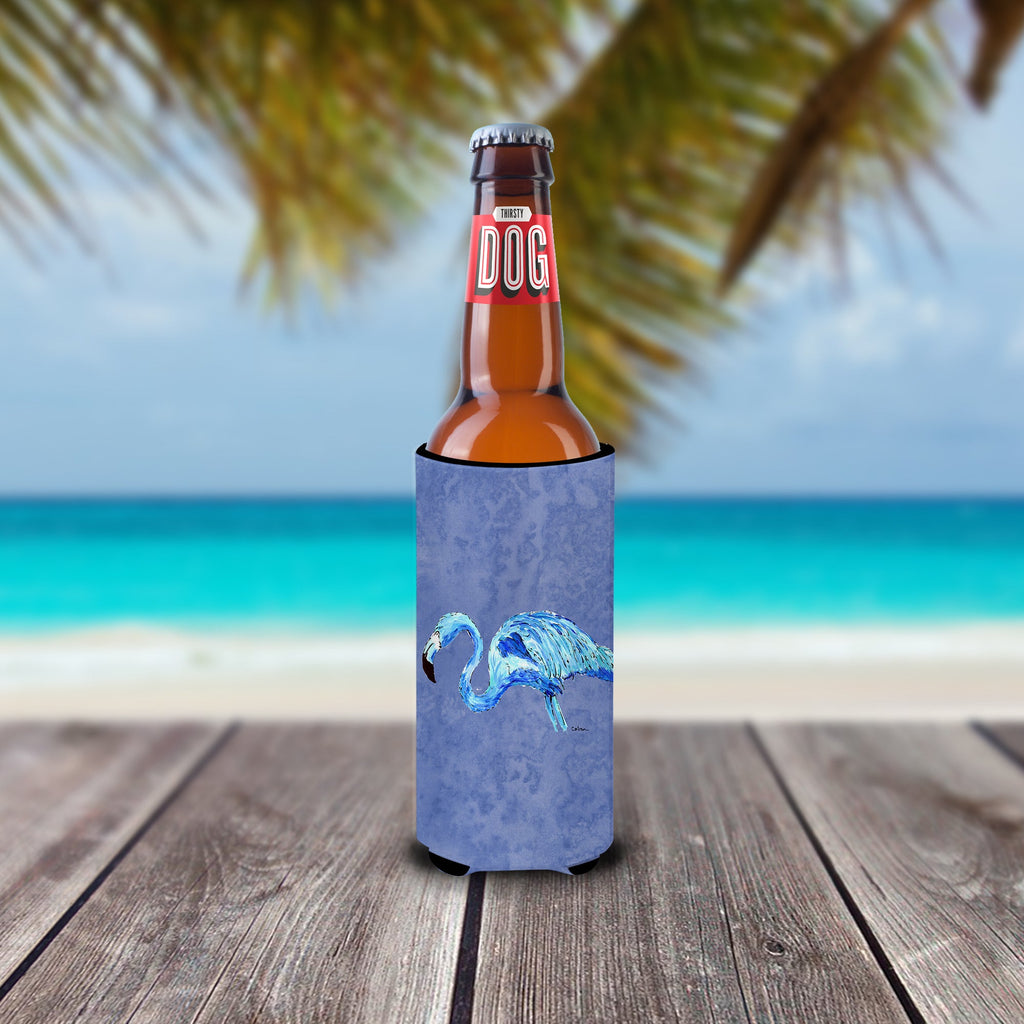 Flamingo On Slate Blue Slim Can Hugger , Insulated Foam Hugger for 12 oz Slim Cans, Beer Bottles & Water Bottles, Printed in USA
