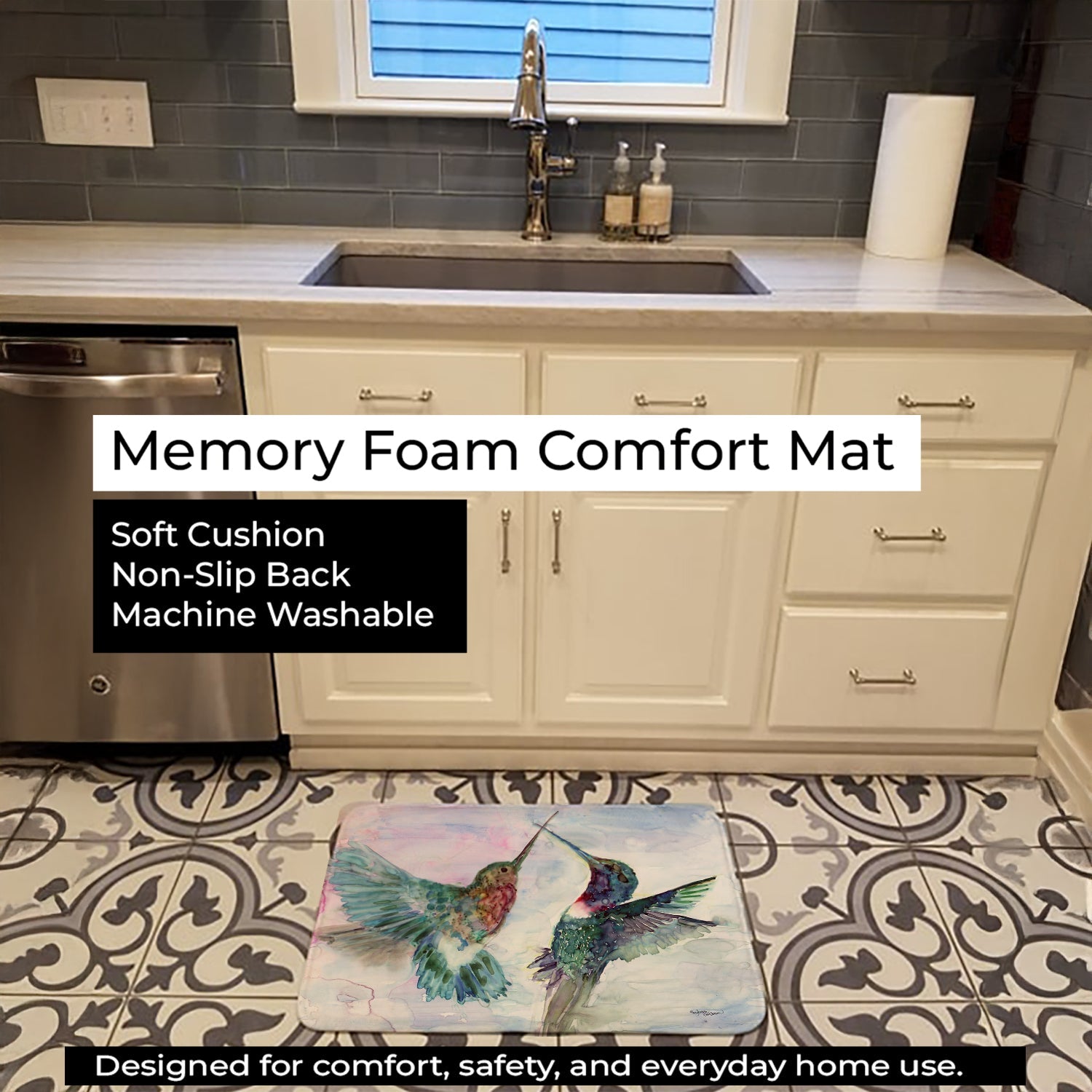 Hummingbird Combat Memory Foam Kitchen Mat Machine Washable Anti-Fatigue Cushion Comfort Bath or Kitchen Rug