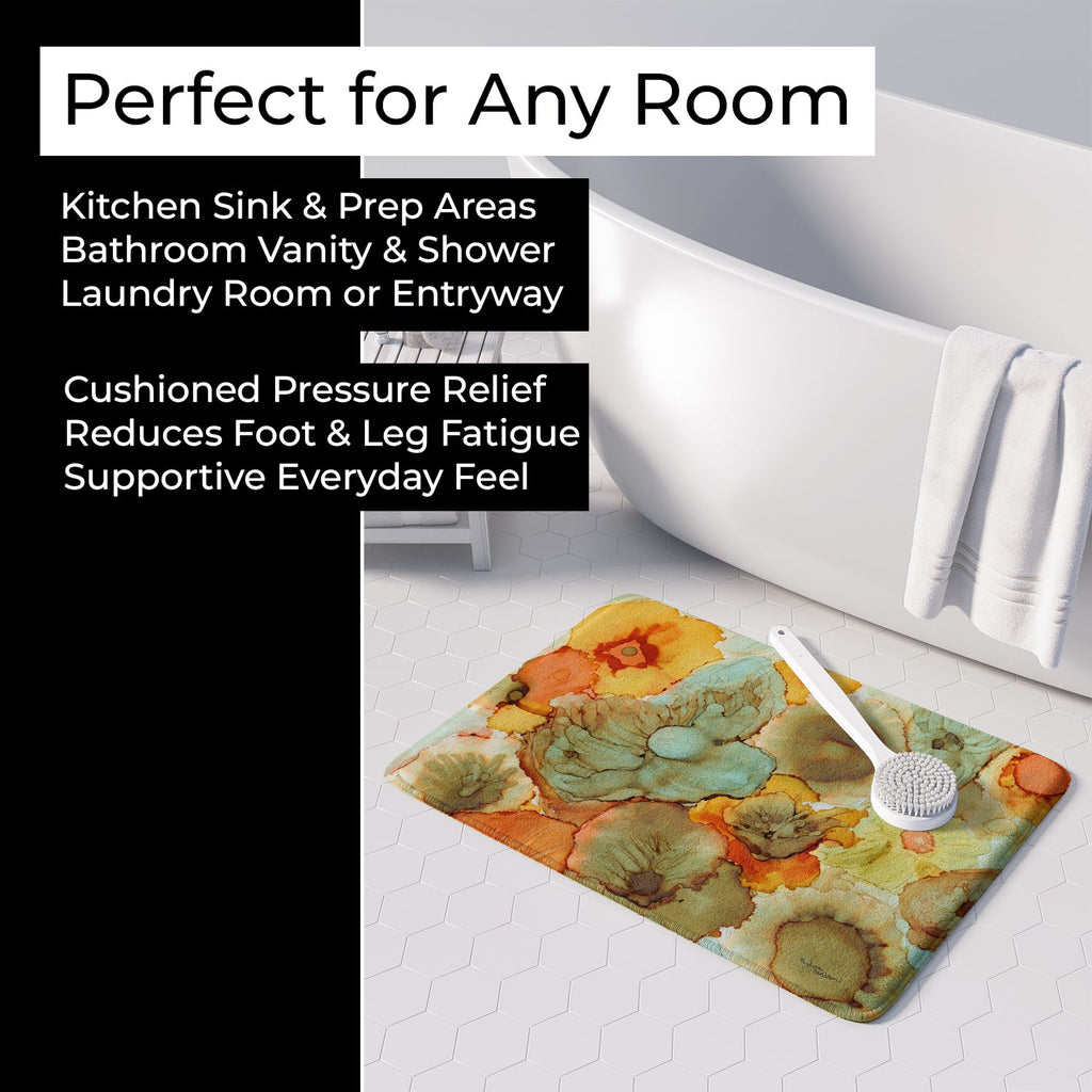 Abstract Flowers Teal and Orange Memory Foam Kitchen Mat Machine Washable Anti-Fatigue Cushion Comfort Bath or Kitchen Rug