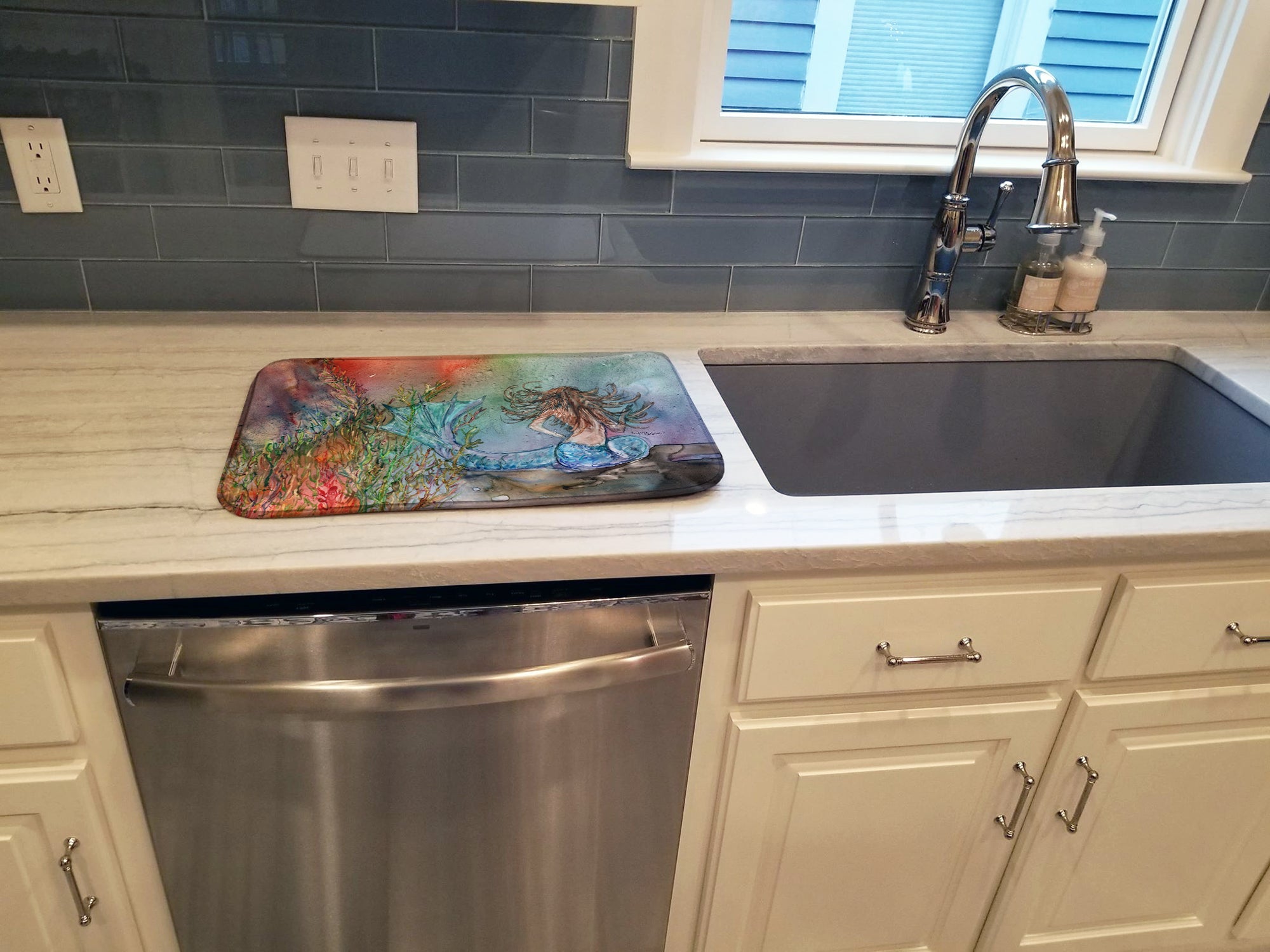 Brunette Mermaid Water Fantasy Dish Drying Mat Absorbent Dish Drying Mat Pad for Kitchen Counter Dish Drainer Mat for Countertop, 14 x 21", Multicolor