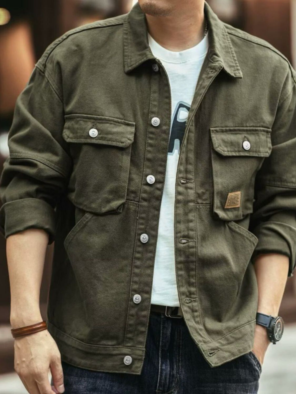 Men's Washed Collared Neck Cargo Jacket