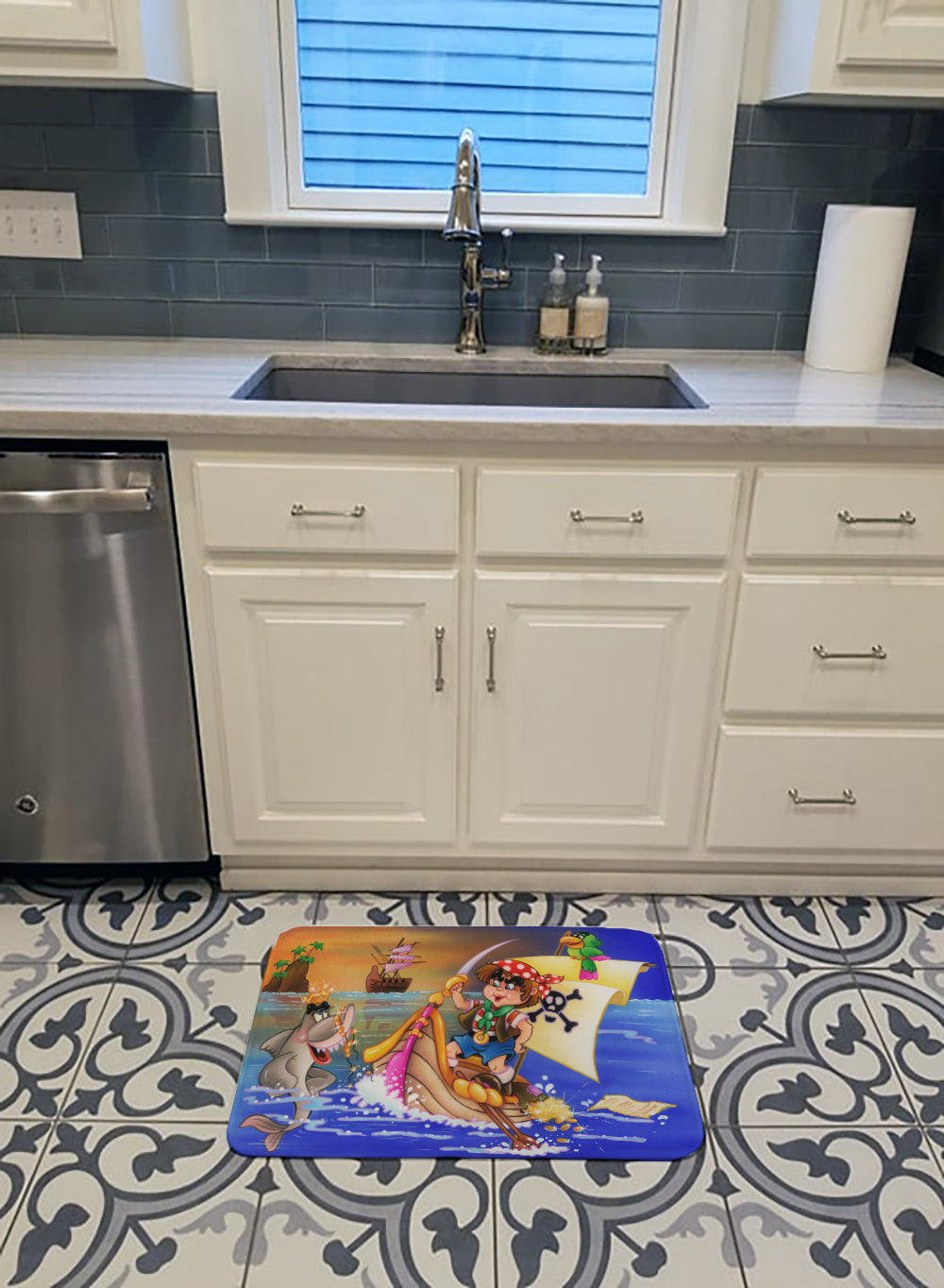 Boy Playing Piriate with Dolphin Memory Foam Kitchen Mat Machine Washable Anti-Fatigue Cushion Comfort Bath or Kitchen Rug