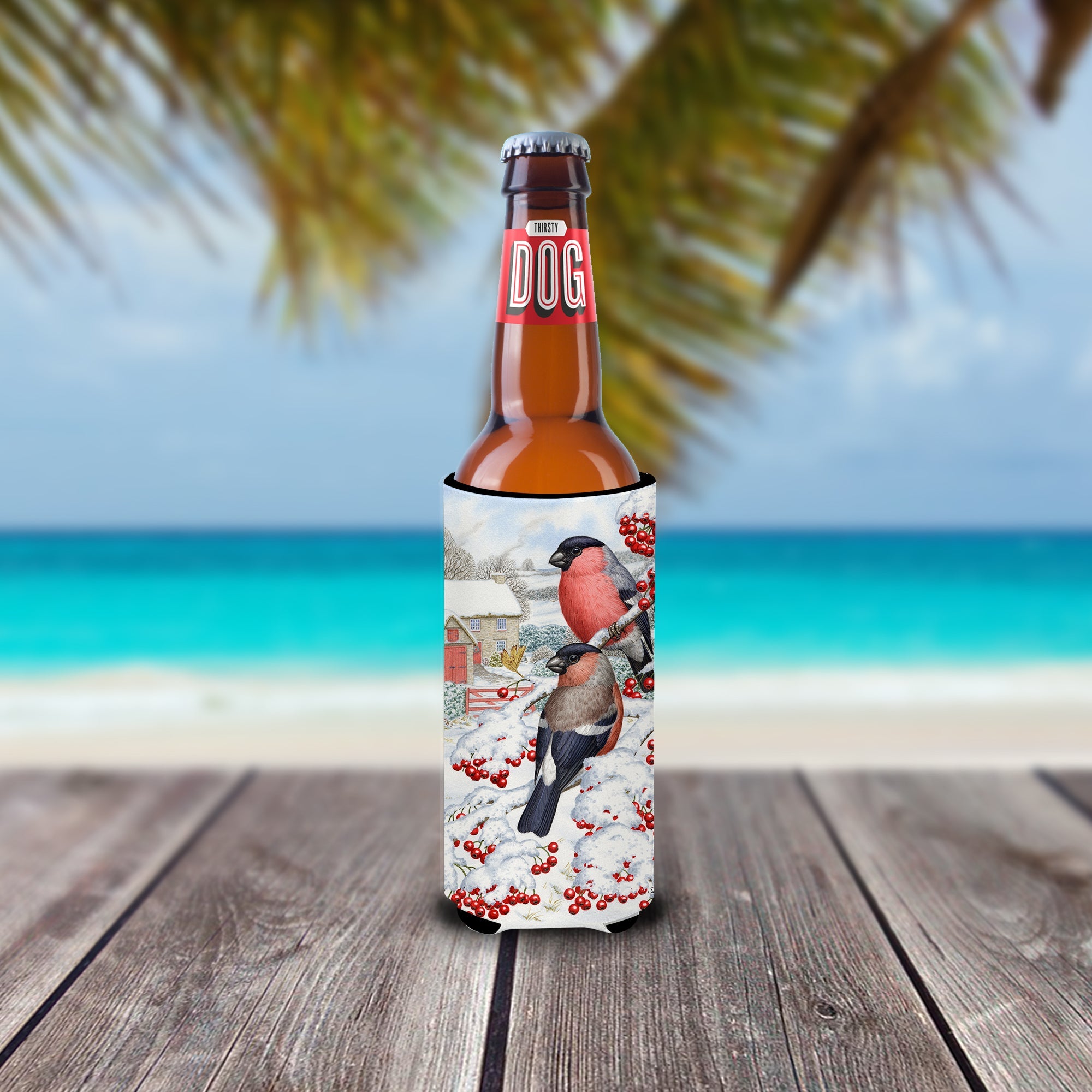 Eurasian Bullfinch Slim Can Hugger , Insulated Foam Hugger for 12 oz Slim Cans, Beer Bottles & Water Bottles, Printed in USA