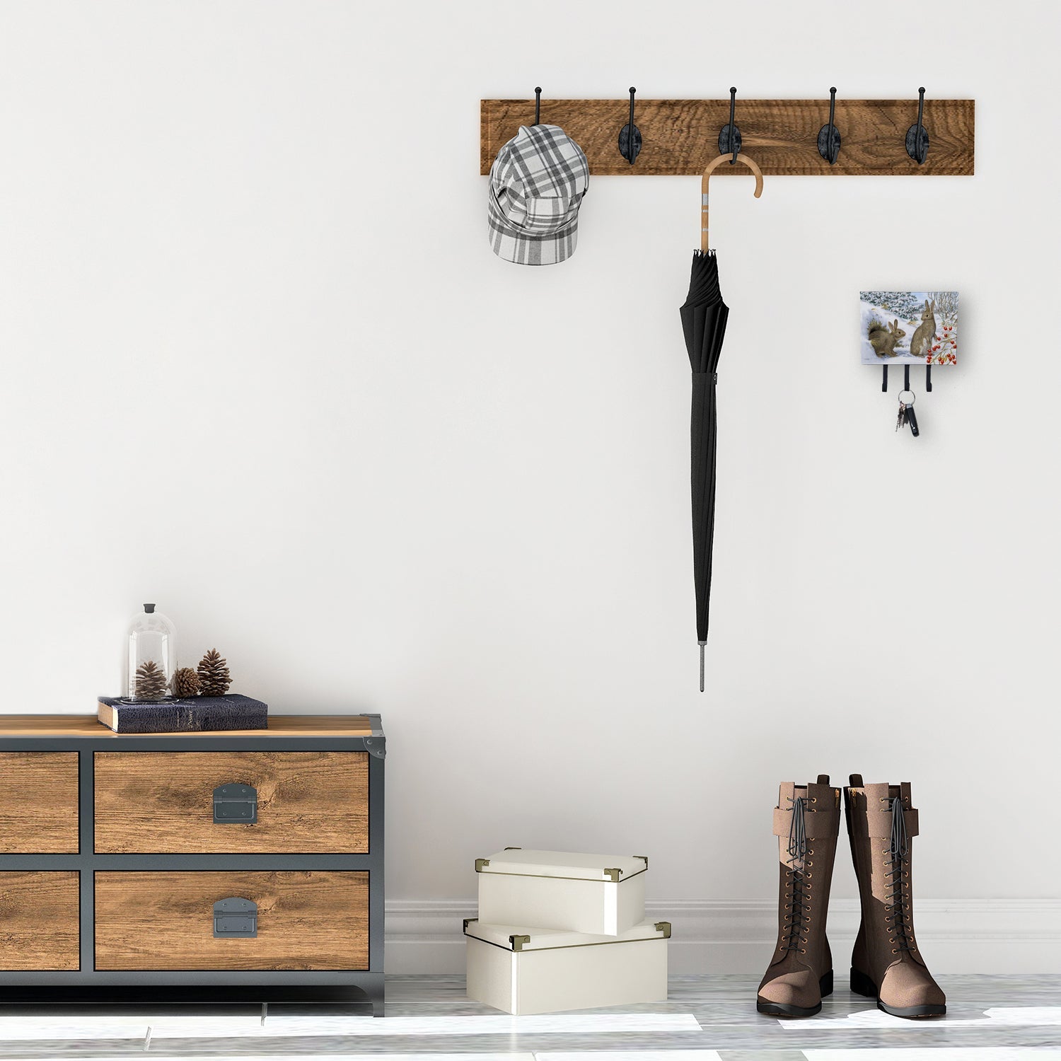 Winter Rabbits Leash or Key Holder Wall Hooks, Coat Rack Wall Mount, for Hanging Keys, Towels, Aprons, Leashes
