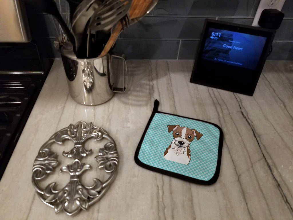 Checkerboard Blue Jack Russell Terrier Pot Holder Set of 2 Heat Resistant Quilted Hot Pads 7.5 x 7.5 Inch, Insulated Kitchen Trivets for Cooking & Baking