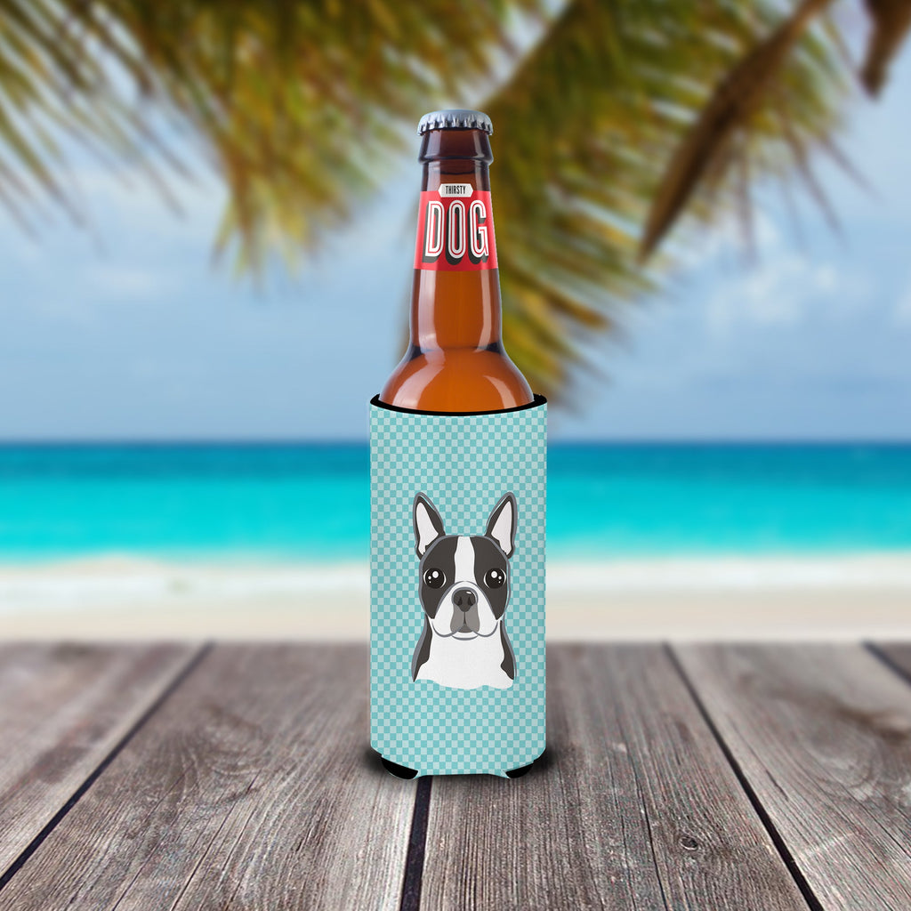 Checkerboard Blue Boston Terrier Slim Can Hugger , Insulated Foam Hugger for 12 oz Slim Cans, Beer Bottles & Water Bottles, Printed in USA