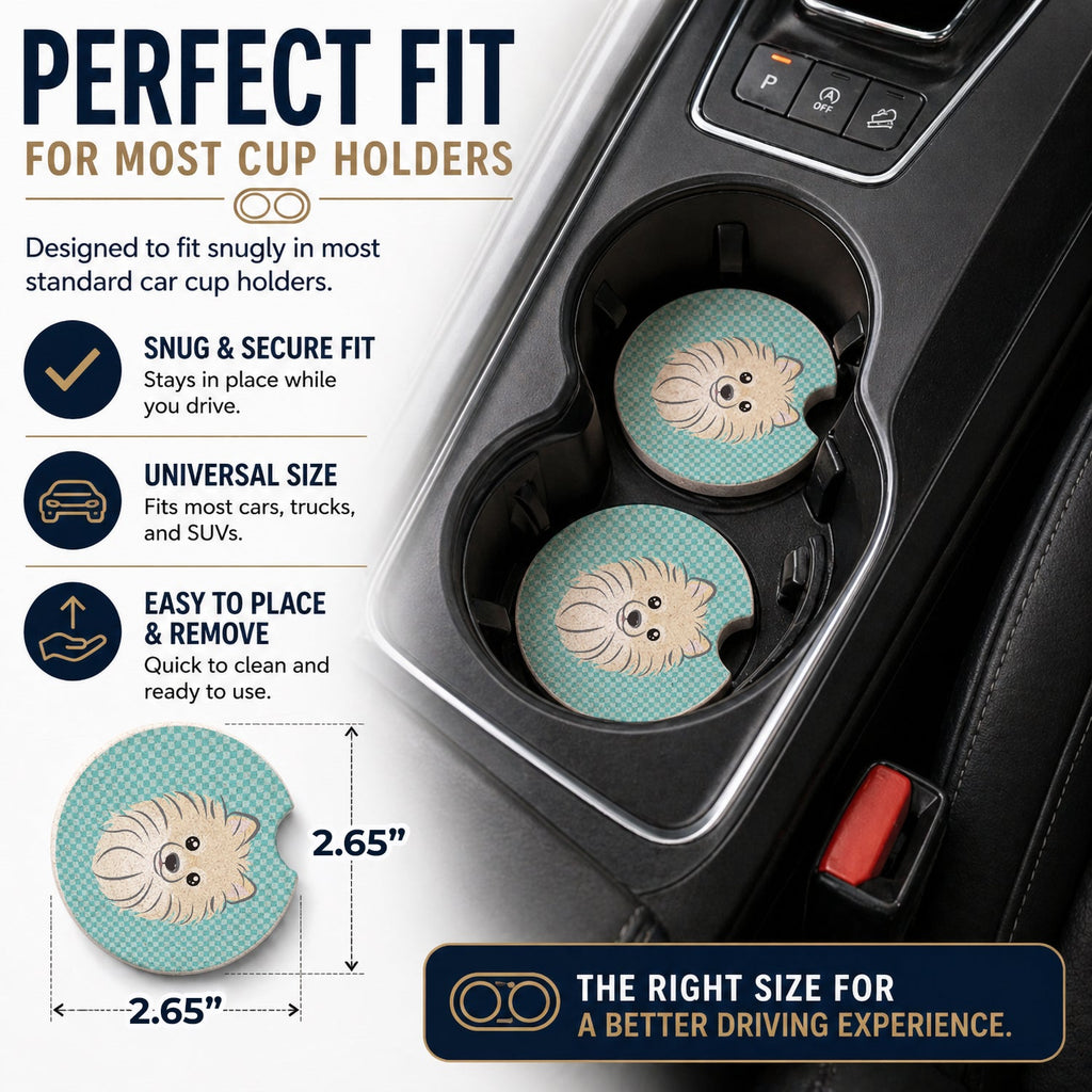 Checkerboard Blue Pomeranian Set of 2 Cup Holder Car Coasters Absorbent Round Sandstone Coasters Gifts for Men or Women, 2.5, Multicolor