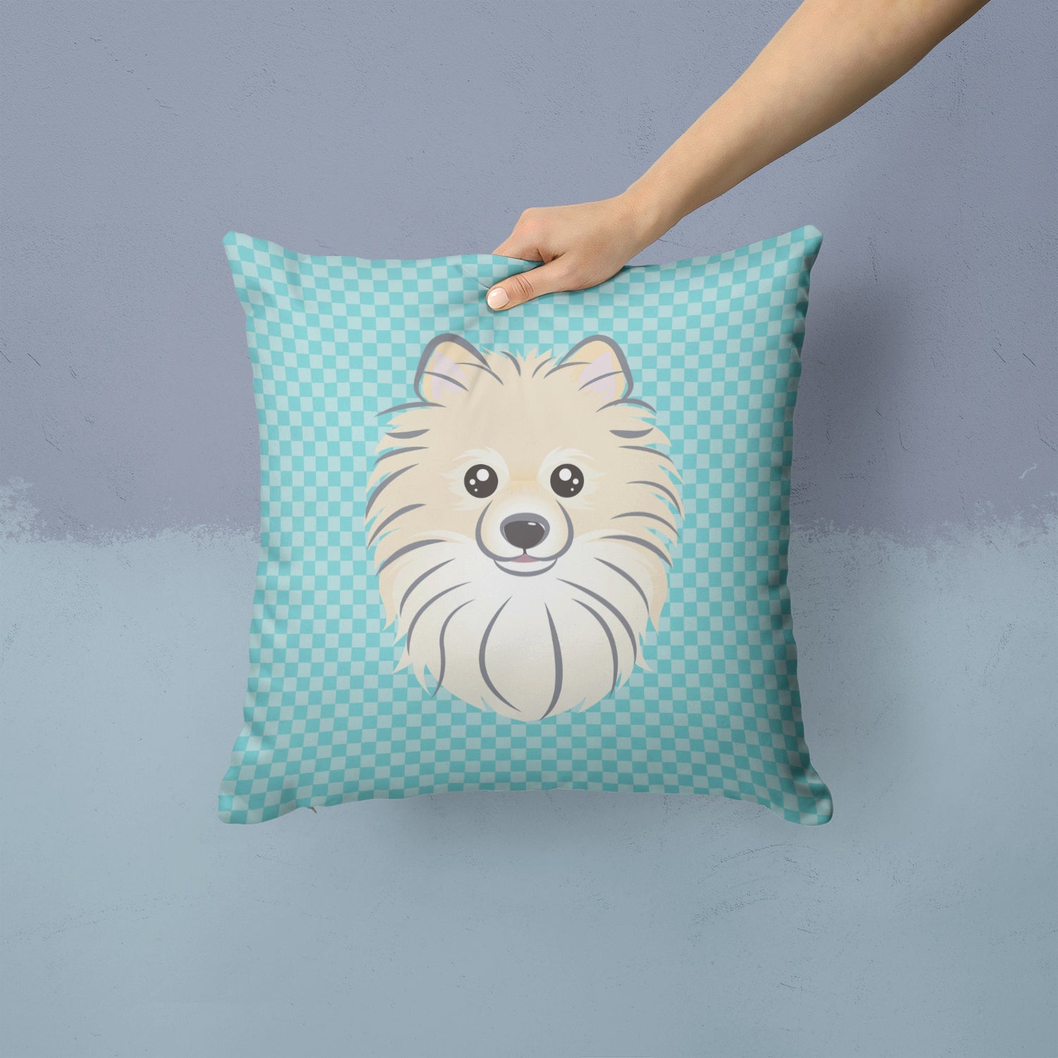 Checkerboard Blue Pomeranian Decorative Throw Pillow 14x14 Indoor Outdoor Accent Cushion, Fabric Cover with Insert for Sofa, Bed, Porch & Living Room
