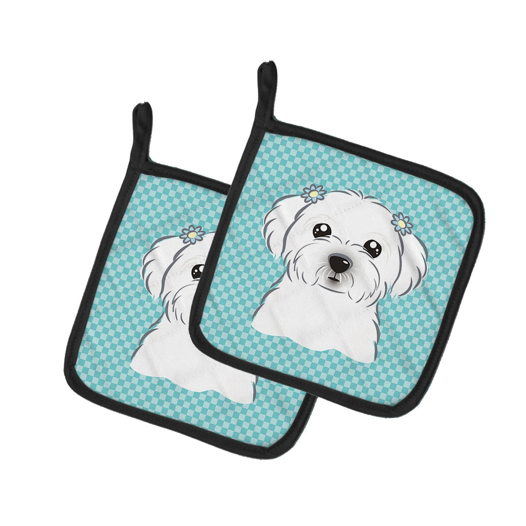 Checkerboard Blue Maltese Pot Holder Set of 2 Heat Resistant Quilted Hot Pads 7.5 x 7.5 Inch, Insulated Kitchen Trivets for Cooking & Baking