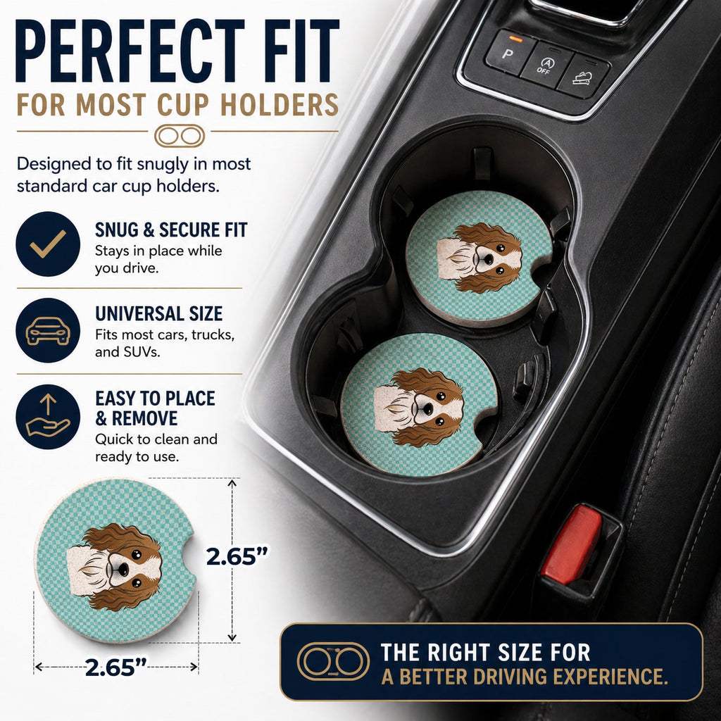 Checkerboard Blue Cavalier Spaniel Set of 2 Cup Holder Car Coasters Absorbent Round Sandstone Coasters Gifts for Men or Women, 2.5, Multicolor