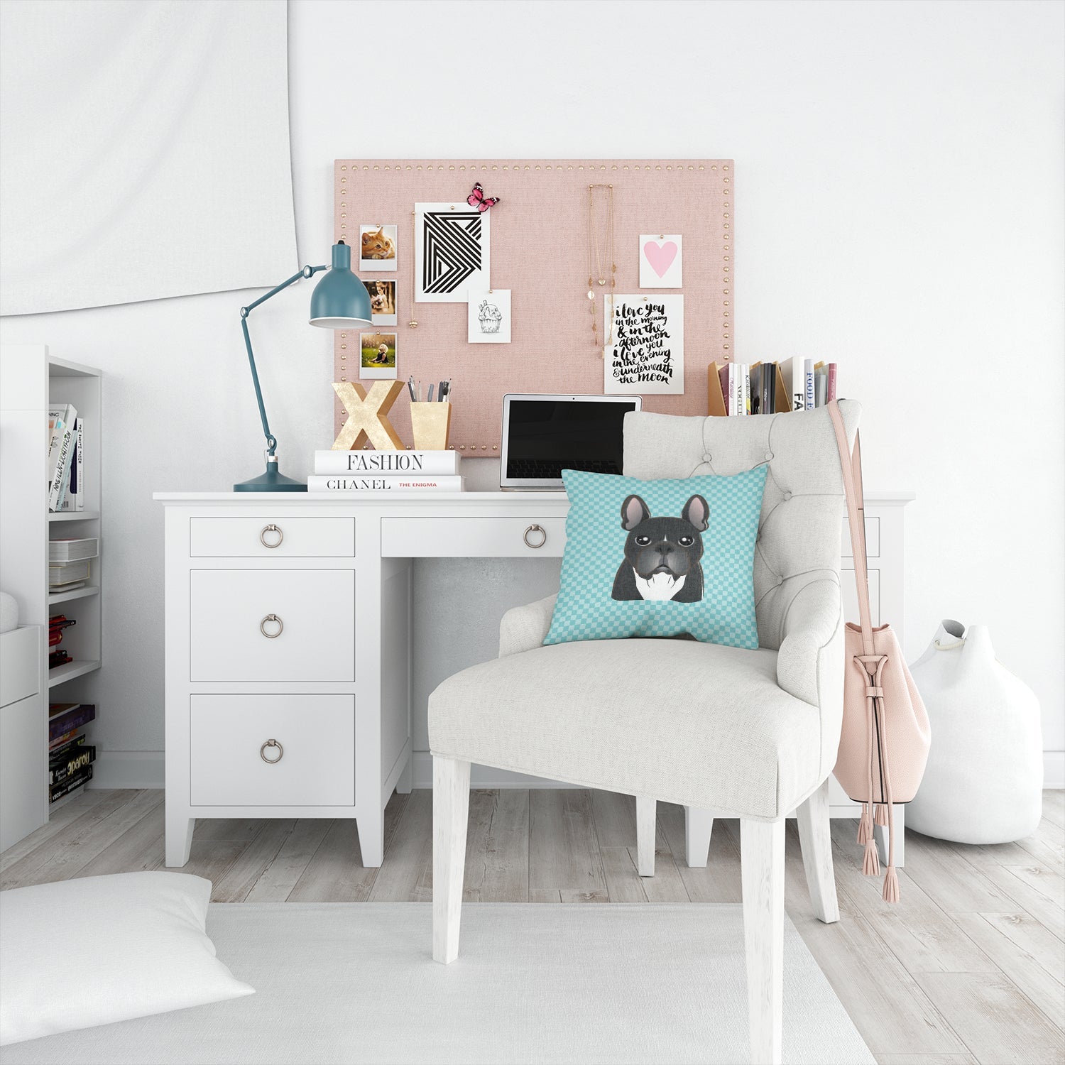 Checkerboard Blue French Bulldog Decorative Throw Pillow 14x14 Indoor Outdoor Accent Cushion, Fabric Cover with Insert for Sofa, Bed, Porch & Living Room