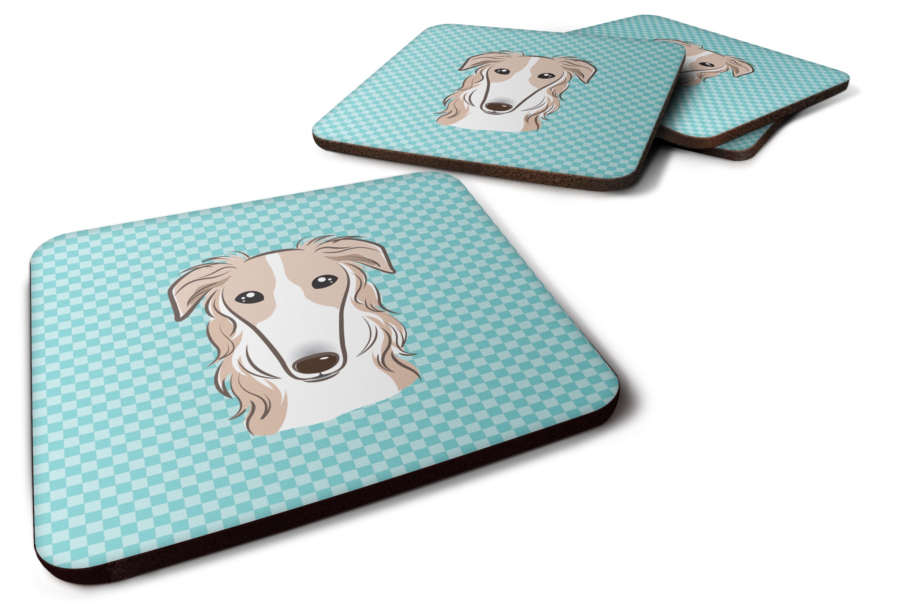 Checkerboard Blue Borzoi Foam Coasters Set of 4 Cup Coasters for Indoor Outdoor, Tabletop Protection, Anti Slip, Mouse pad Material