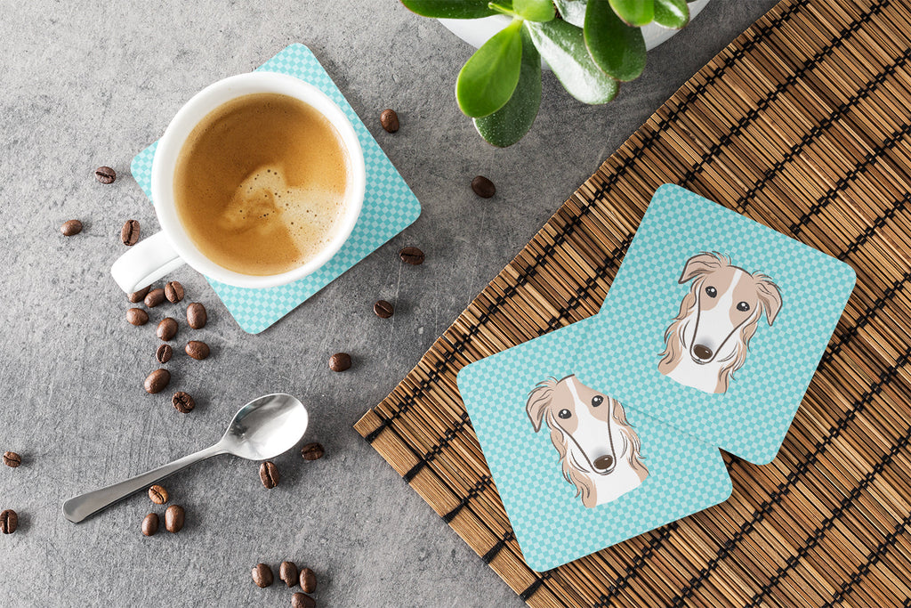 Checkerboard Blue Borzoi Foam Coasters Set of 4 Cup Coasters for Indoor Outdoor, Tabletop Protection, Anti Slip, Mouse pad Material