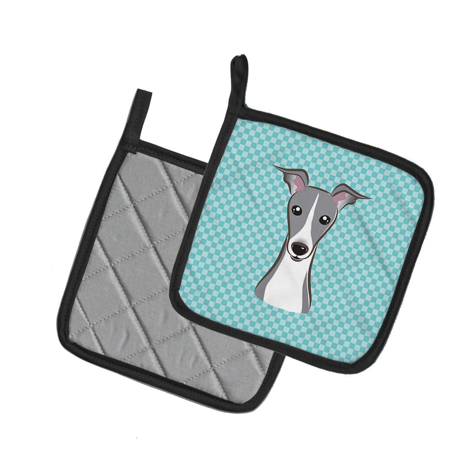Checkerboard Blue Italian Greyhound Pot Holder Set of 2 Heat Resistant Quilted Hot Pads 7.5 x 7.5 Inch, Insulated Kitchen Trivets for Cooking & Baking