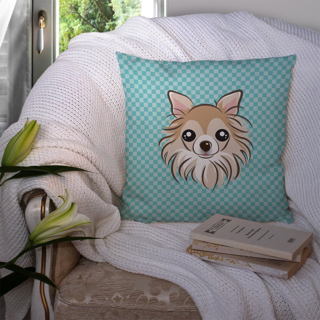 Checkerboard Blue Chihuahua Decorative Throw Pillow 14x14 Indoor Outdoor Accent Cushion, Fabric Cover with Insert for Sofa, Bed, Porch & Living Room